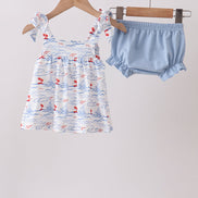 Blue Sailboat Smocked Bloomer Set
