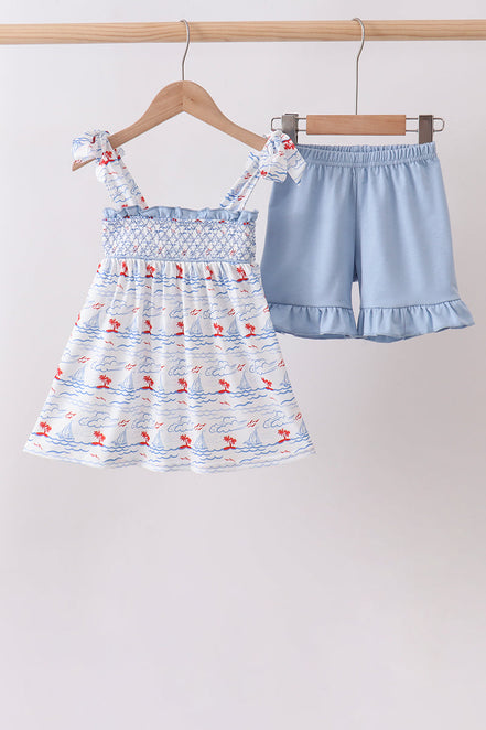 Blue Sailboat Smocked Set