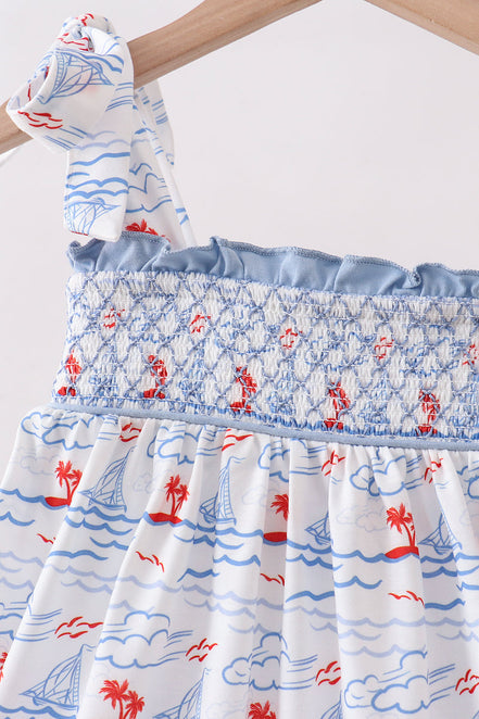 Blue Sailboat Smocked Dress