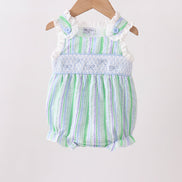 Green Stripe Smocked Bow Seersucker Bubble