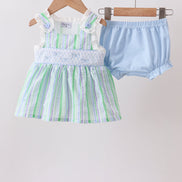 Green Stripe Smocked Bow Seersucker Bloomer Set