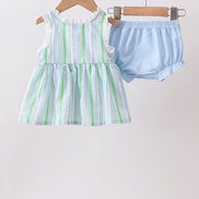 Green Stripe Smocked Bow Seersucker Bloomer Set