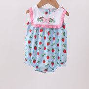 Blue Strawberry Embroidered Ruffle Bow Bubble