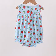 Blue Strawberry Embroidered Ruffle Bow Bubble