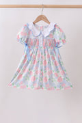 Girls' Blue Hydrangea Smocked Pearl Dress – Cotton-Spandex Blend | Baby & Toddler 12M–7Y