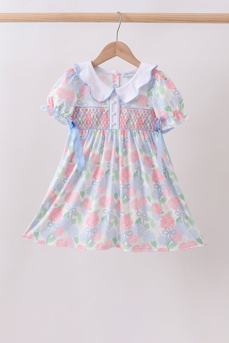 Girls' Blue Hydrangea Smocked Pearl Dress – Cotton-Spandex Blend | Baby & Toddler 12M–7Y