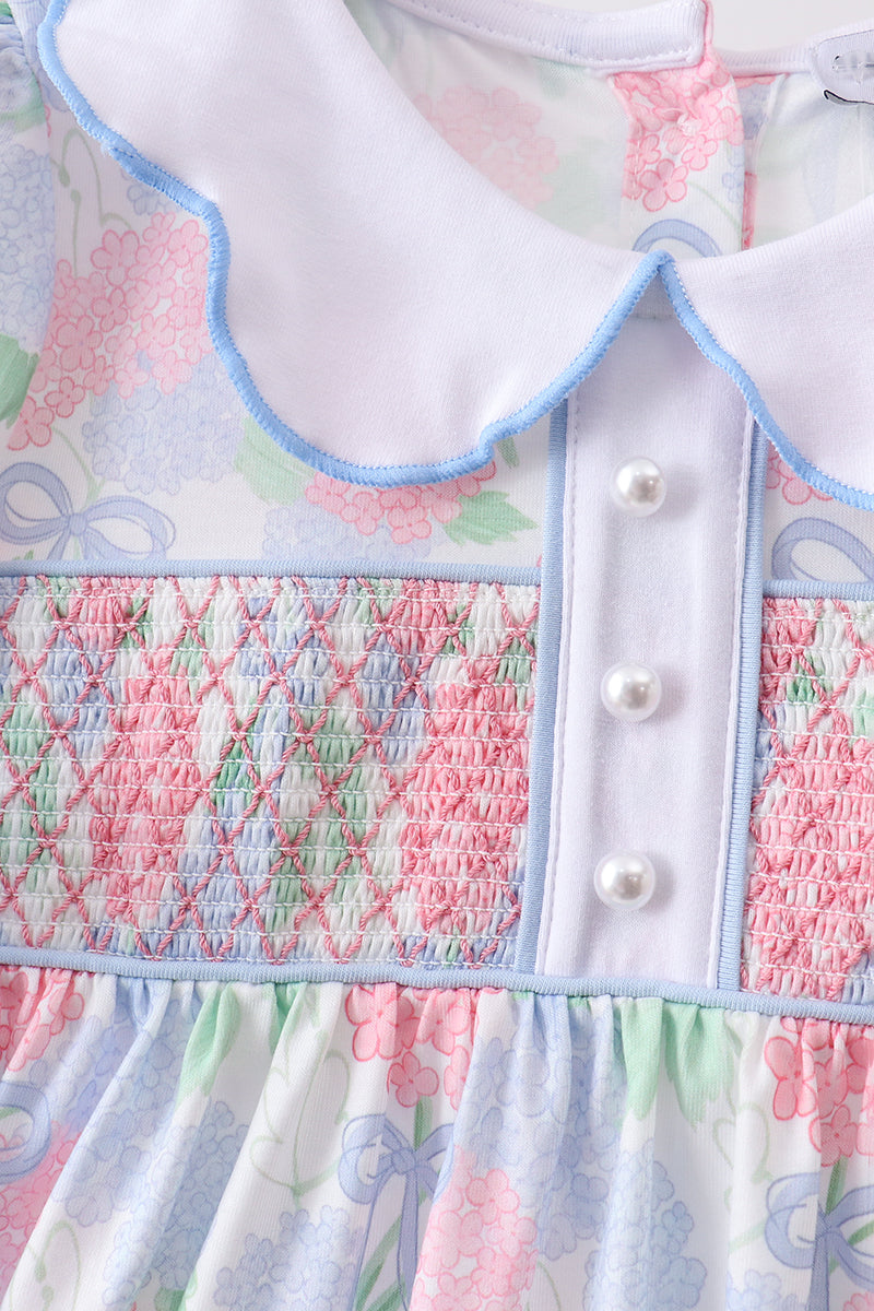 Girls' Blue Hydrangea Smocked Pearl Dress – Cotton-Spandex Blend | Baby & Toddler 12M–7Y