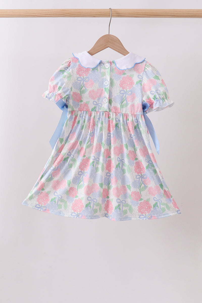 Girls' Blue Hydrangea Smocked Pearl Dress – Cotton-Spandex Blend | Baby & Toddler 12M–7Y
