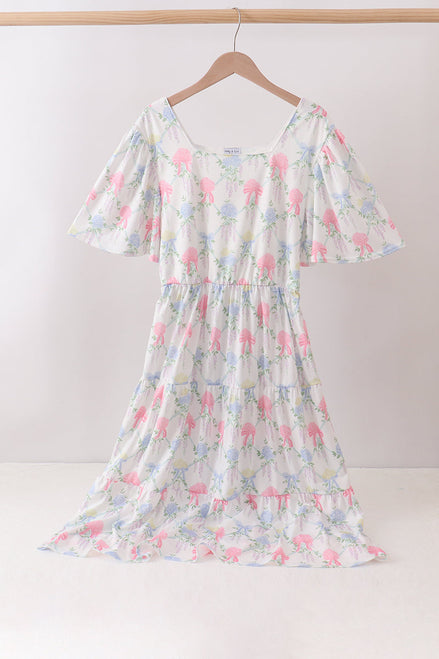 Blue Hydrangea Bow Women Dress