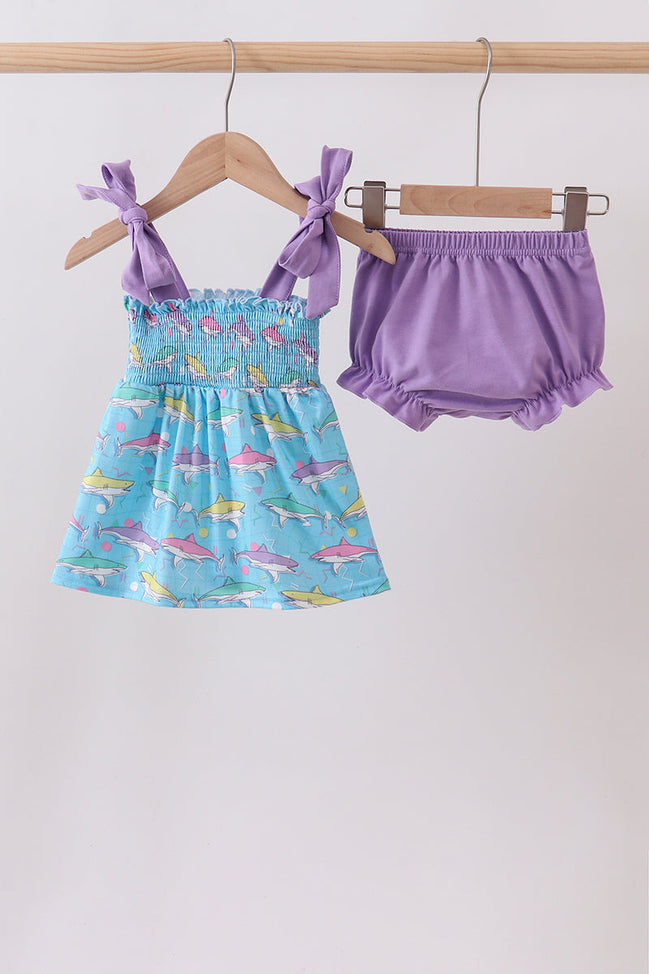Blue Shark Smocked Bloomer Set
