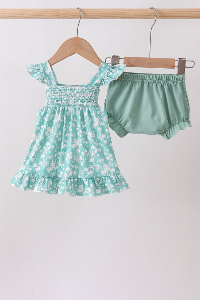 Sage Floral Smocked Bloomer Set