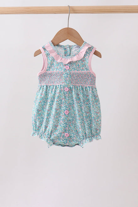 Green Floral Smocked Bubble