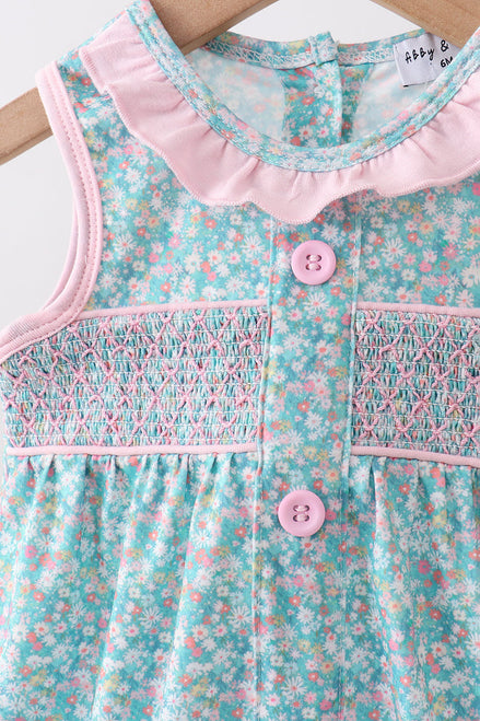 Green Floral Smocked Bubble