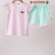 Purple Ice Cream Plaid Embroidered Set
