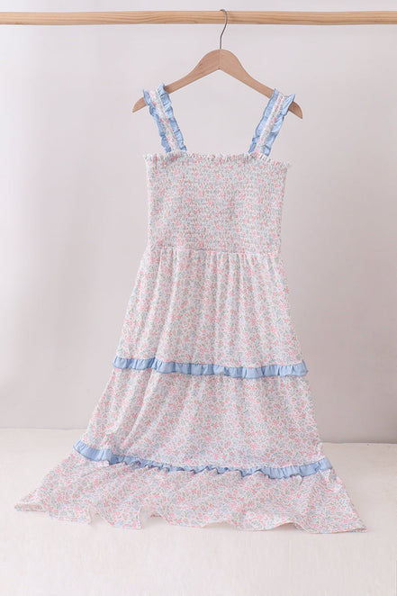 Blue Floral Smocked Mom Tiered Dress
