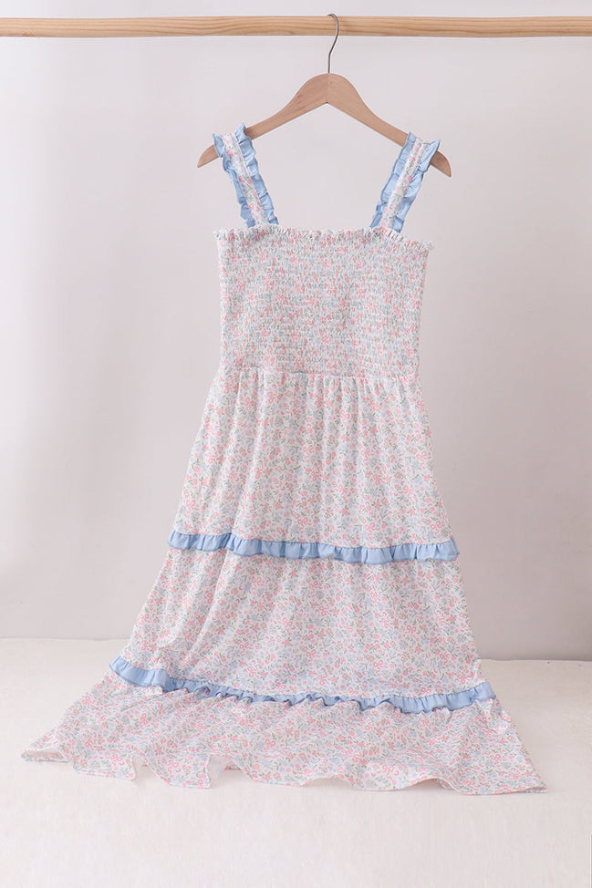 Blue Floral Smocked Mom Tiered Dress