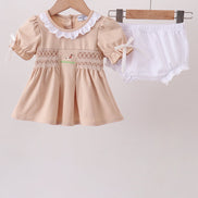 Khaki Puppy Smocked Bloomer Set
