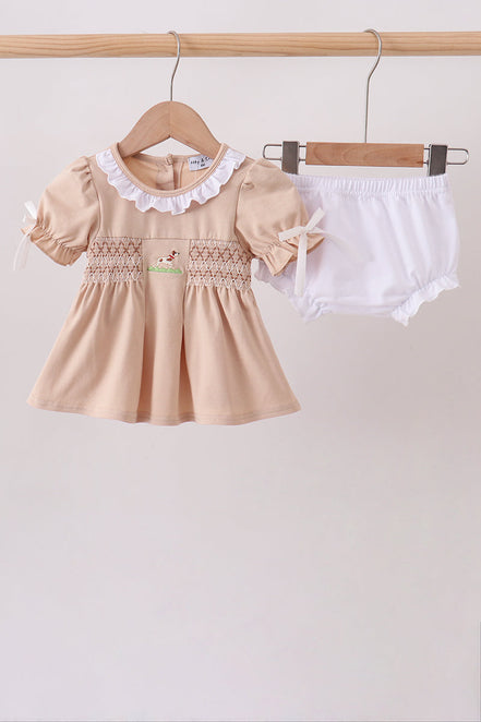 Khaki Puppy Smocked Bloomer Set