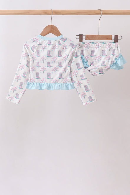 Blue Boots Ruffle Rashguard Set