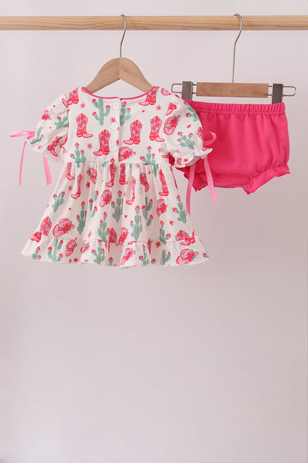 Pink Boots Smocked Bloomer Set