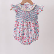 Blue Floral Smocked Ruffle Bubble