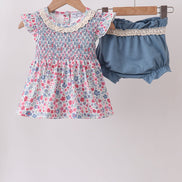 Blue Floral Smocked Ruffle Bloomer Set