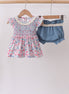 Blue Floral Smocked Ruffle Bloomer Set