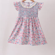 Blue Floral Smocked Ruffle Dress