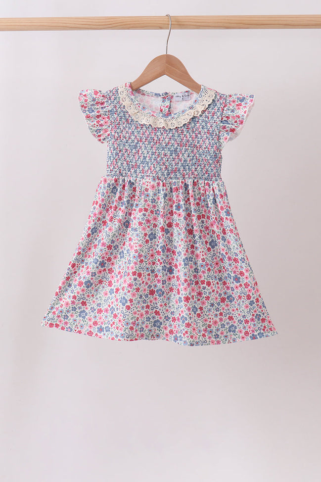 Blue Floral Smocked Ruffle Dress
