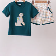Teal Puppy Applique Plaid Set