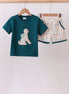 Teal Puppy Applique Plaid Set