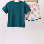 Teal Puppy Applique Plaid Set