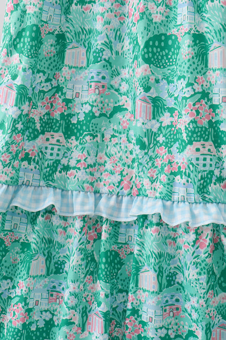 Green house floral Smocked Tiered Mom Dress