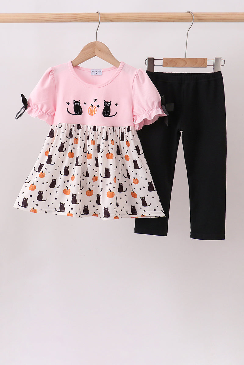 Girls Pink Pumpkin Cat Embroidery Pants Set – Toddler Halloween Outfit 18M–7Y