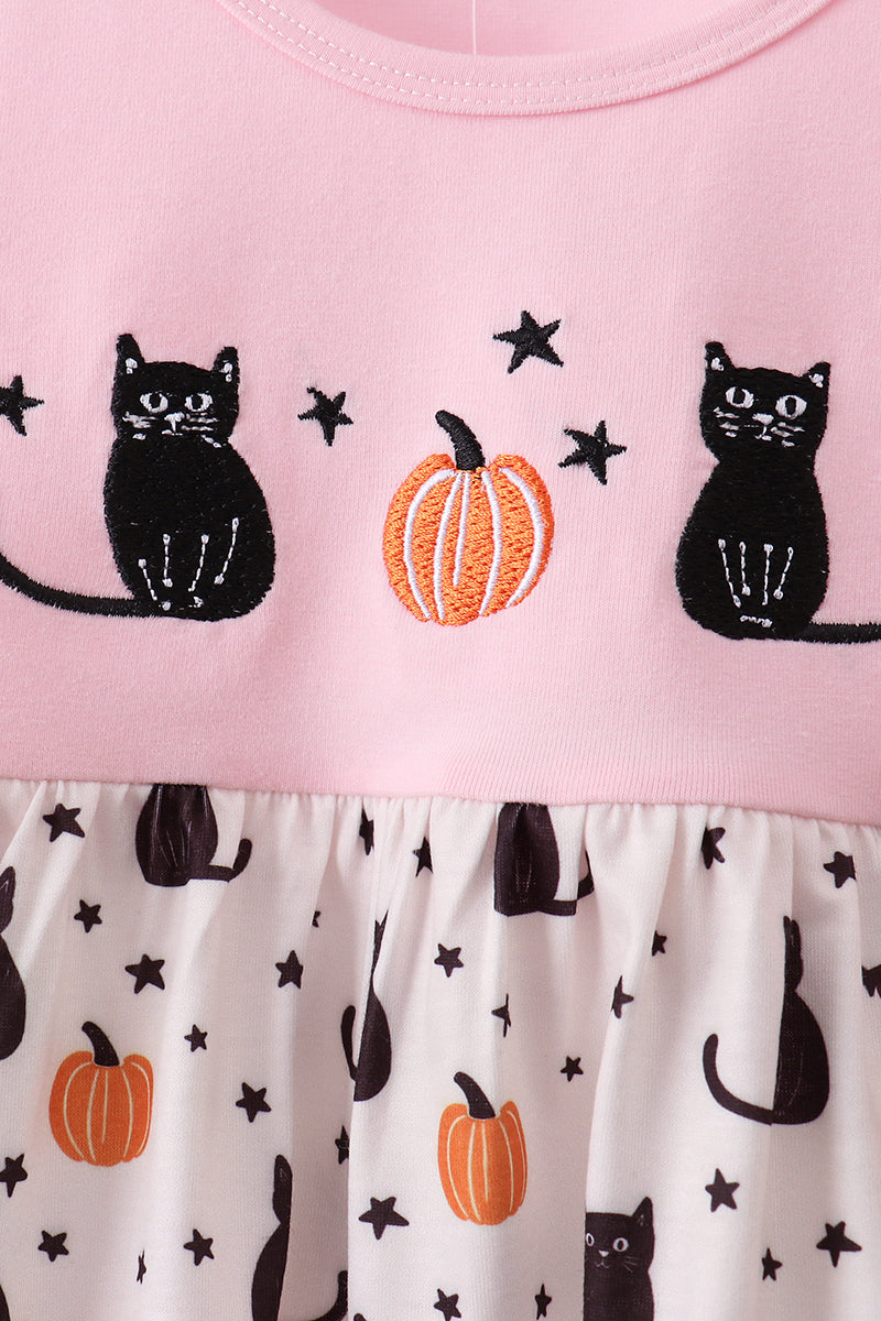 Girls Pink Pumpkin Cat Embroidery Pants Set – Toddler Halloween Outfit 18M–7Y
