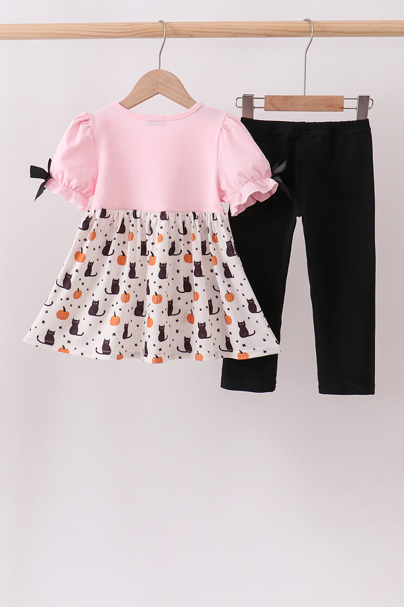 Girls Pink Pumpkin Cat Embroidery Pants Set – Toddler Halloween Outfit 18M–7Y