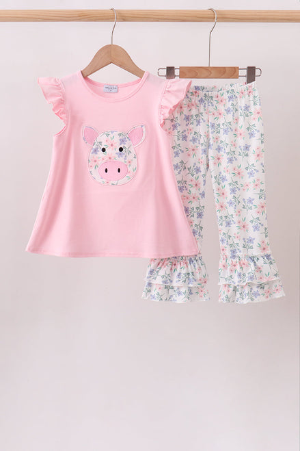 Pink Piggy Applique Ruffle Pants Set