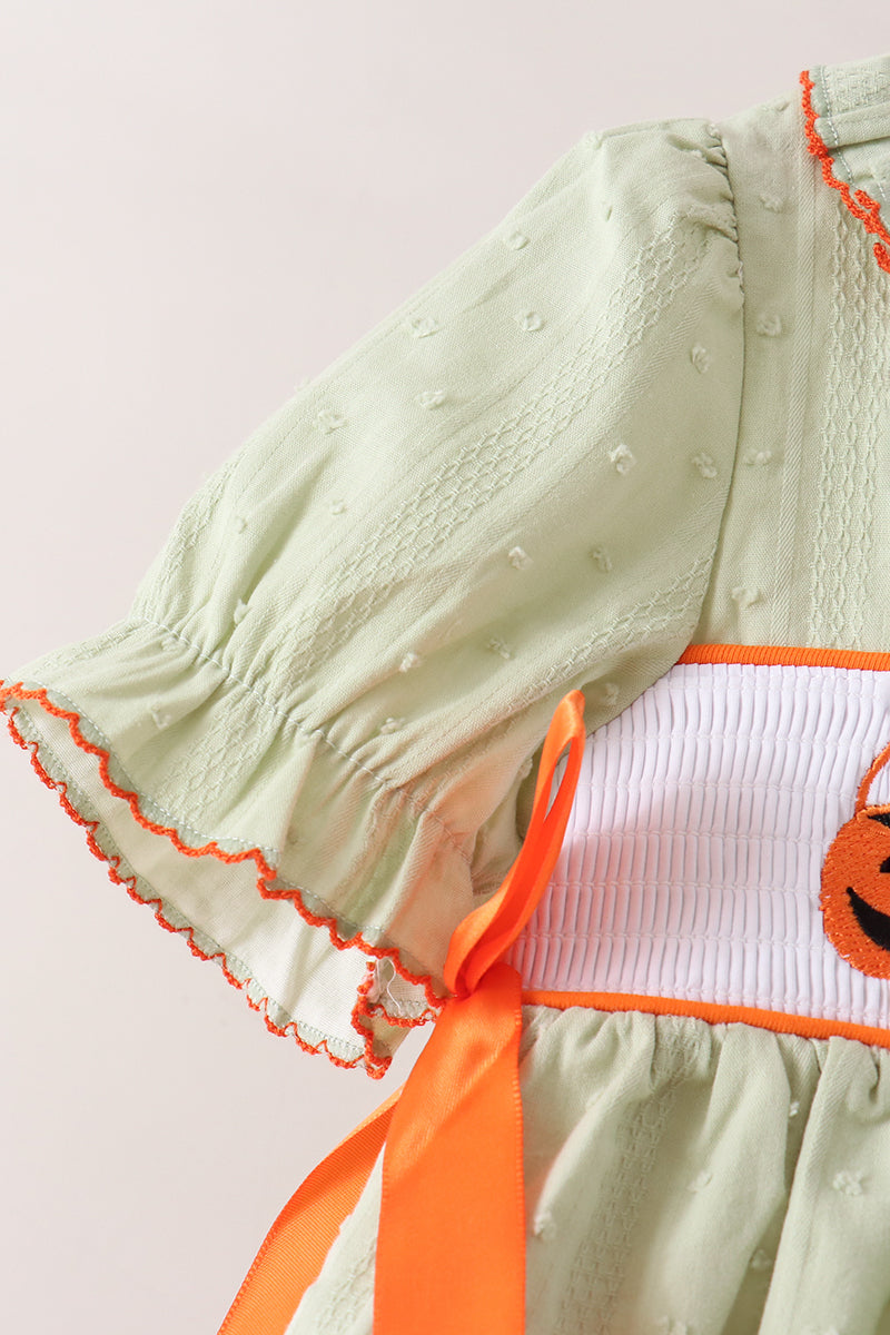 Mint Green Halloween Pumpkin Smocked Ruffle Shorts Set – Toddler Girls 2T-7