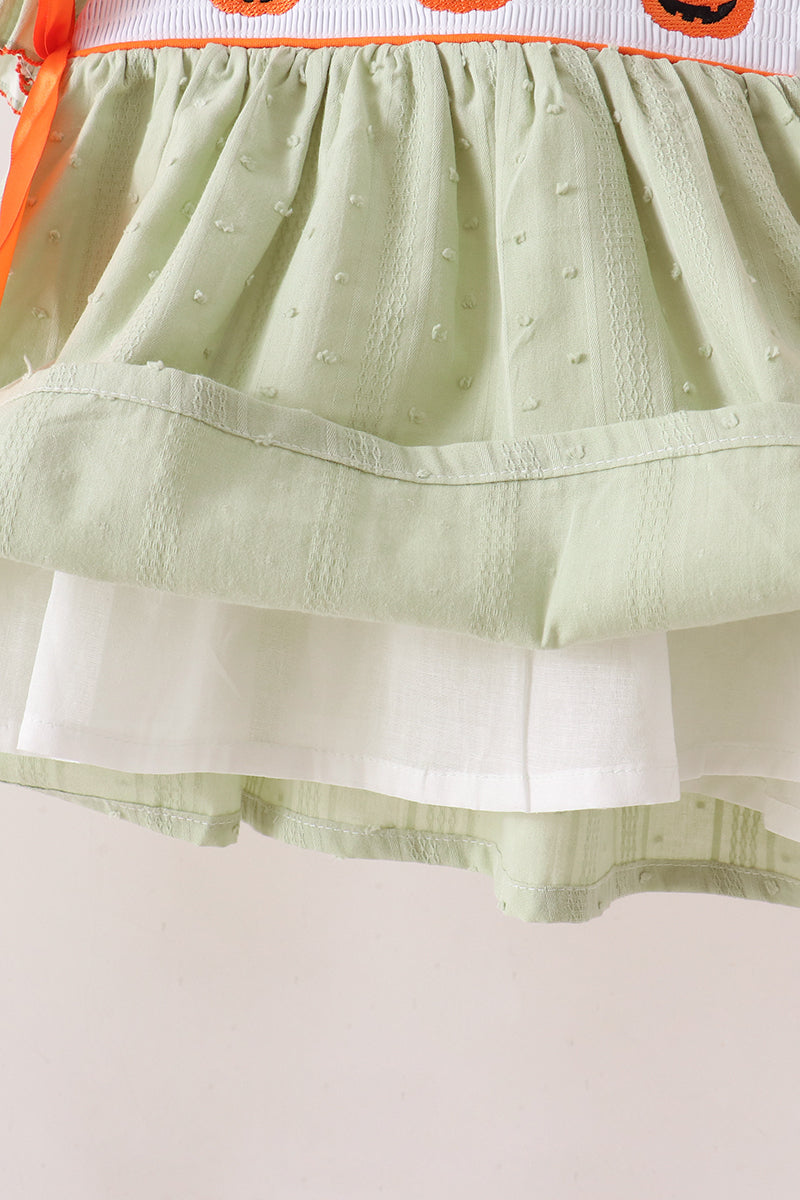 Mint Green Halloween Pumpkin Smocked Ruffle Shorts Set – Toddler Girls 2T-7
