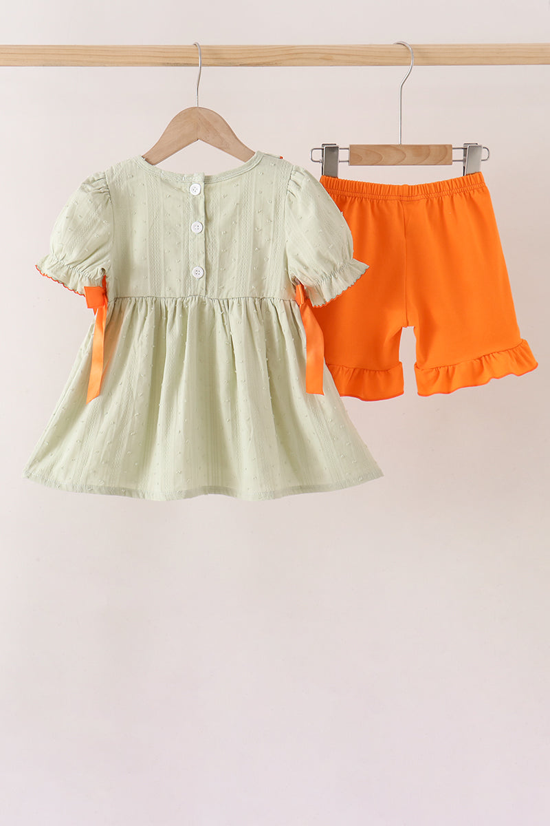 Mint Green Halloween Pumpkin Smocked Ruffle Shorts Set – Toddler Girls 2T-7