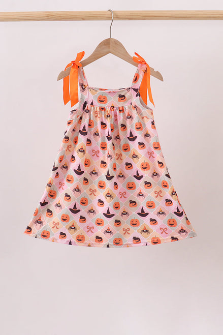 Girls Pumpkin Dress with Spider Bow | Halloween 12M–8Y