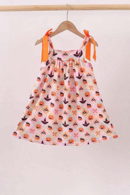 Girls Pumpkin Dress with Spider Bow | Halloween 12M–8Y