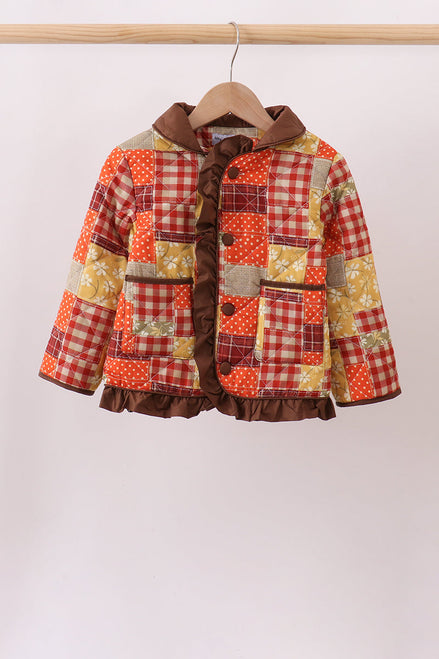 Brown Patchwork Floral Ruffle Jacket