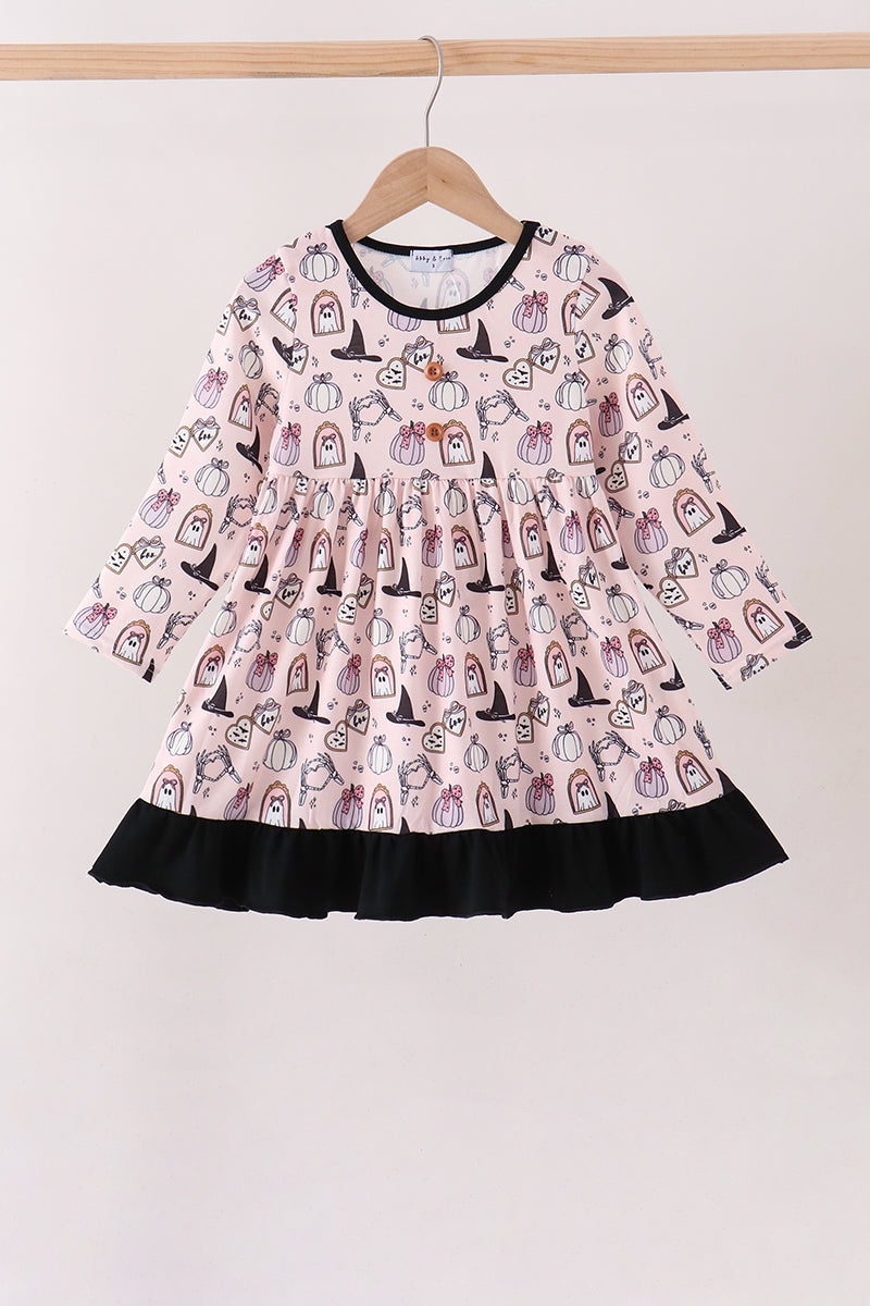 Girls' Pink Spooky Print Ruffle Dress – Toddler & Kids Sizes 12M–12Y