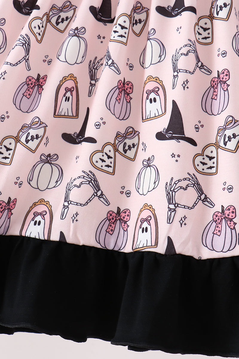 Girls' Pink Spooky Print Ruffle Dress – Toddler & Kids Sizes 12M–12Y