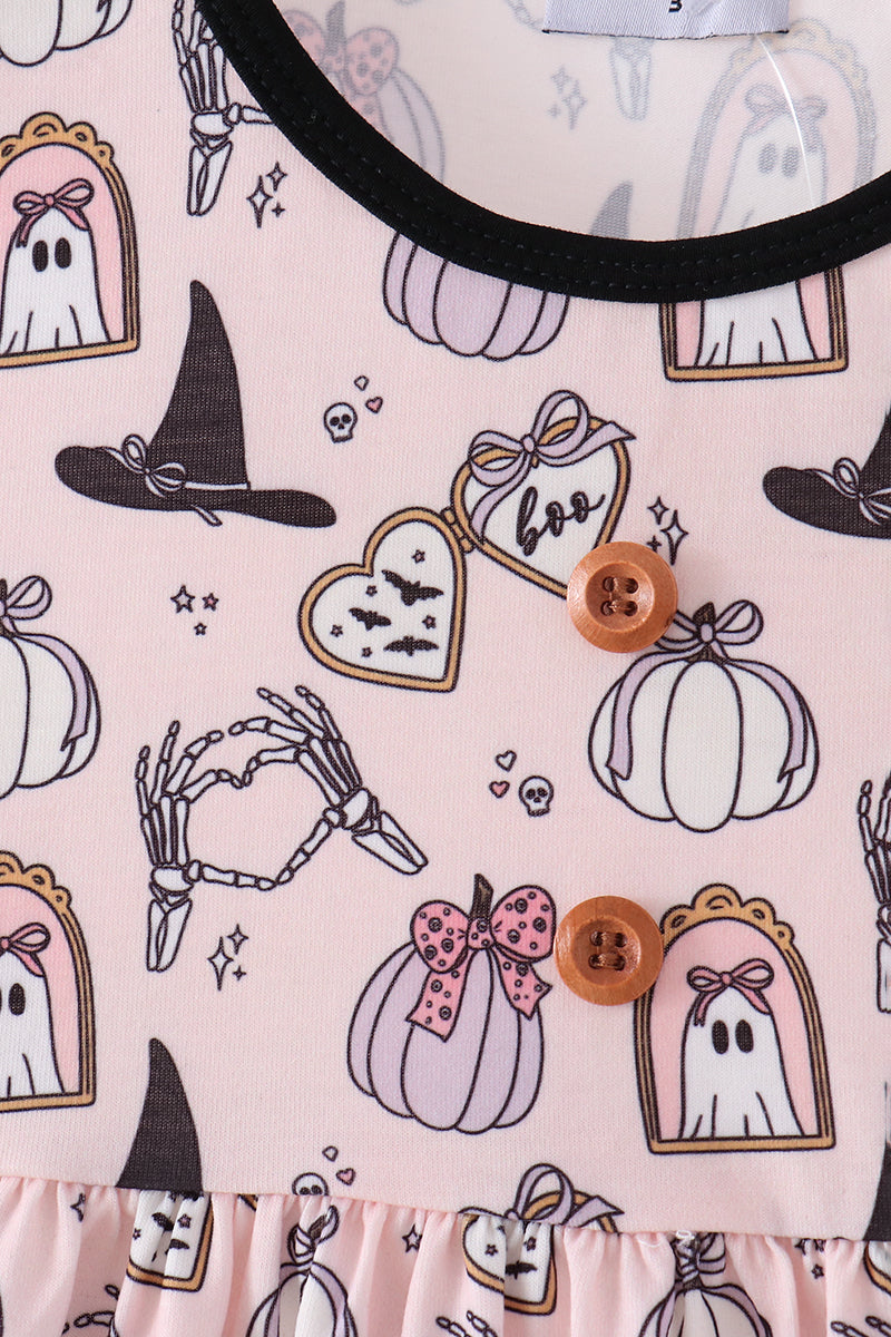 Girls' Pink Spooky Print Ruffle Dress – Toddler & Kids Sizes 12M–12Y