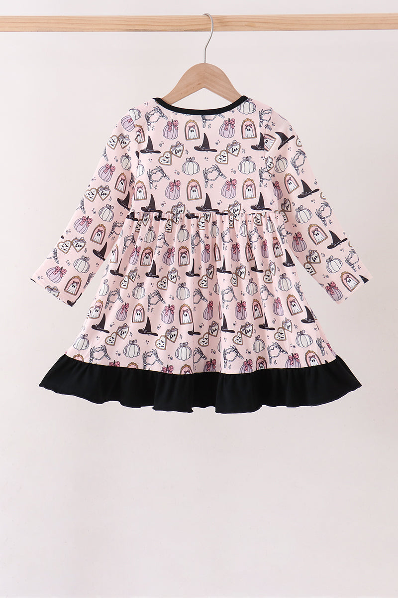 Girls' Pink Spooky Print Ruffle Dress – Toddler & Kids Sizes 12M–12Y