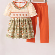 Vintage pumpkin smocked ruffle pants set