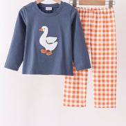 Navy goose applique gingham pants set