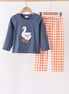Navy goose applique gingham pants set